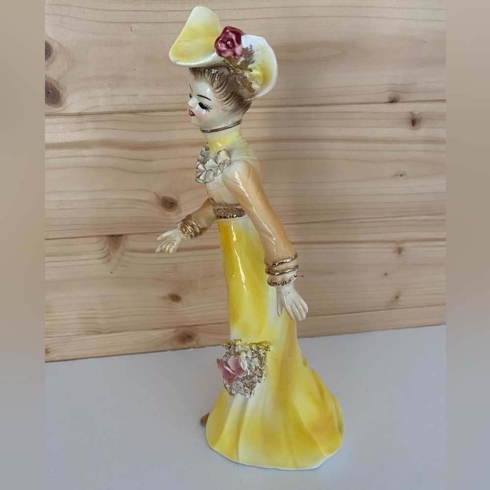 VINTAGE 10” Tall Victorian Lady Figurine Yellow Dress Golden Ruffled Accents - Picture 2 of 13